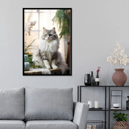 Plakat w ramie Portret kota. Zamyślony puszysty słodki zwierzak 