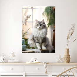 Plakat samoprzylepny Portret kota. Zamyślony puszysty słodki zwierzak 