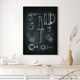 Obraz klasyczny Piwo. Kufel, kapsel, butelka. Czarno biały plakat patentowy dla miłośnika piwa