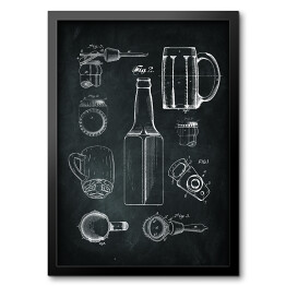 Obraz w ramie Piwo. Kufel, kapsel, butelka. Czarno biały plakat patentowy dla miłośnika piwa