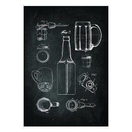 Plakat samoprzylepny Piwo. Kufel, kapsel, butelka. Czarno biały plakat patentowy dla miłośnika piwa
