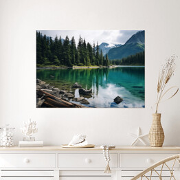 Plakat samoprzylepny Las nad jeziorem w górach krajobraz