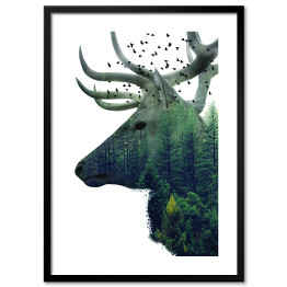 Plakat w ramie Podwójna ekspozycja - jeleń i las