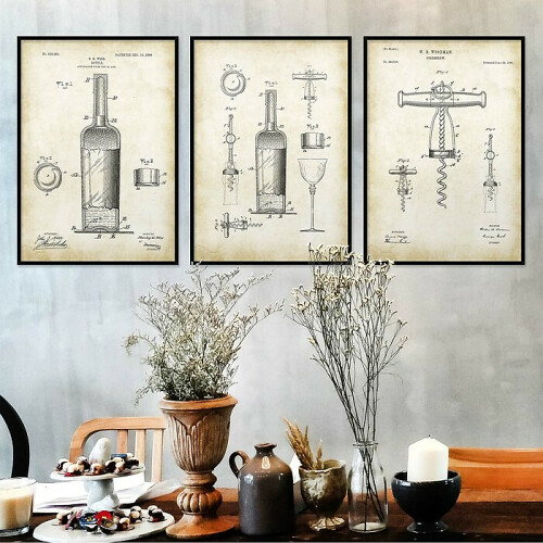 Galeria ścienna Plakaty patentowe Wino. Zestaw 3 plakatów w stylu retro 