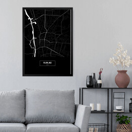 Obraz w ramie Mapa Elbląga czarno-biała z napisem na czarnym tle