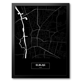 Obraz w ramie Mapa Elbląga czarno-biała z napisem na czarnym tle