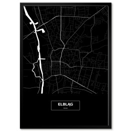 Plakat w ramie Mapa Elbląga czarno-biała z napisem na czarnym tle