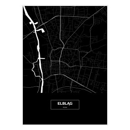 Plakat samoprzylepny Mapa Elbląga czarno-biała z napisem na czarnym tle