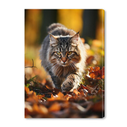 Obraz na płótnie Długowłosy kot skradający się po jesiennych liściach