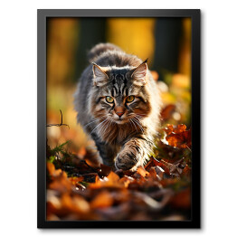 Obraz w ramie Długowłosy kot skradający się po jesiennych liściach
