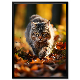 Plakat w ramie Długowłosy kot skradający się po jesiennych liściach