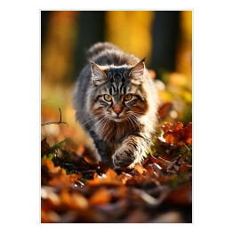 Plakat Długowłosy kot skradający się po jesiennych liściach