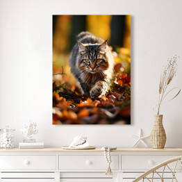 Obraz na płótnie Długowłosy kot skradający się po jesiennych liściach