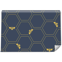 Tapeta samoprzylepna w rolce Żółte plastry miodu z pszczołą na niebieskim tle