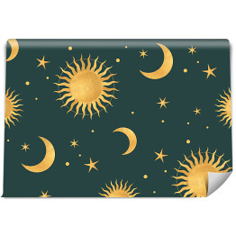 Tapeta samoprzylepna w rolce Słońce, księżyc, gwiazdy - kompozycja na zielonym tle
