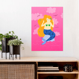 Plakat samoprzylepny Mała syrenka na różowym tle 