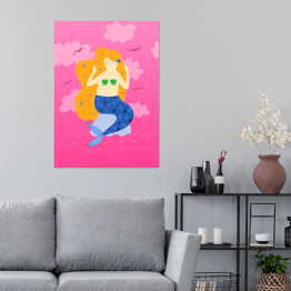 Plakat samoprzylepny Mała syrenka na różowym tle 