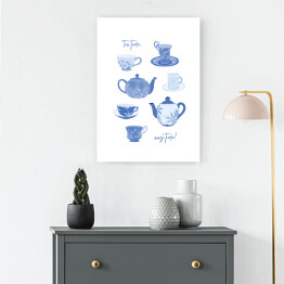 Obraz na płótnie "Tea time... any time!" - niebieskie filiżanki i dzbanki
