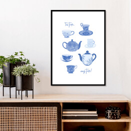 Plakat w ramie "Tea time... any time!" - niebieskie filiżanki i dzbanki