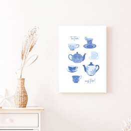 Obraz klasyczny "Tea time... any time!" - niebieskie filiżanki i dzbanki