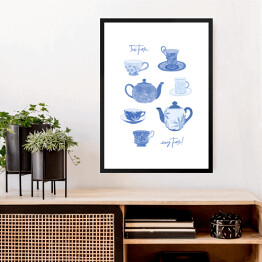 Obraz w ramie "Tea time... any time!" - niebieskie filiżanki i dzbanki
