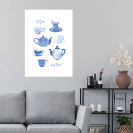 Plakat samoprzylepny "Tea time... any time!" - niebieskie filiżanki i dzbanki