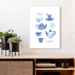 Obraz na płótnie "Tea time... any time!" - niebieskie filiżanki i dzbanki