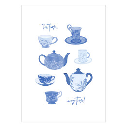 Plakat samoprzylepny "Tea time... any time!" - niebieskie filiżanki i dzbanki
