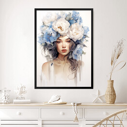 Obraz w ramie Portret kobieta z błękitnymi kwiatami we włosach