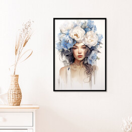 Plakat w ramie Portret kobieta z błękitnymi kwiatami we włosach