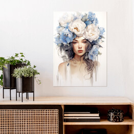 Plakat samoprzylepny Portret kobieta z błękitnymi kwiatami we włosach