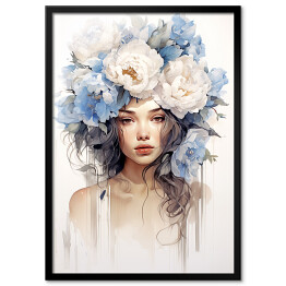 Obraz klasyczny Portret kobieta z błękitnymi kwiatami we włosach