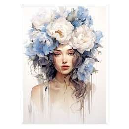 Plakat samoprzylepny Portret kobieta z błękitnymi kwiatami we włosach