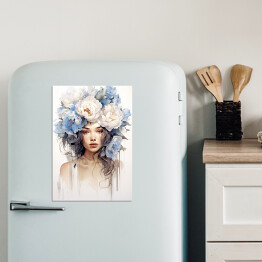 Magnes dekoracyjny Portret kobieta z błękitnymi kwiatami we włosach