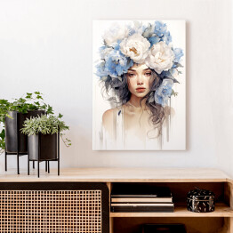 Obraz na płótnie Portret kobieta z błękitnymi kwiatami we włosach