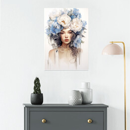 Plakat Portret kobieta z błękitnymi kwiatami we włosach