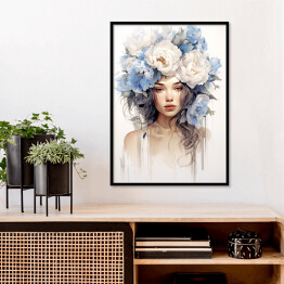 Plakat w ramie Portret kobieta z błękitnymi kwiatami we włosach