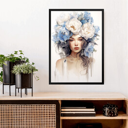Obraz w ramie Portret kobieta z błękitnymi kwiatami we włosach