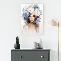 Obraz klasyczny Portret kobieta z błękitnymi kwiatami we włosach
