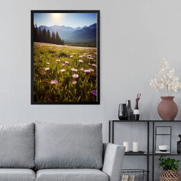 Obraz w ramie Góry i polana z kwiatami krajobraz
