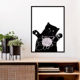 Plakat w ramie Czarny kot z kłębkiem włóczki