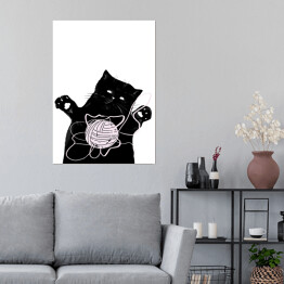 Plakat Czarny kot z kłębkiem włóczki