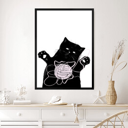 Obraz w ramie Czarny kot z kłębkiem włóczki