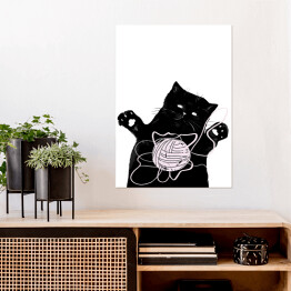 Plakat samoprzylepny Czarny kot z kłębkiem włóczki