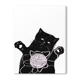 Obraz na płótnie Czarny kot z kłębkiem włóczki