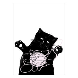 Plakat samoprzylepny Czarny kot z kłębkiem włóczki