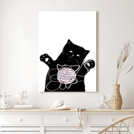 Obraz na płótnie Czarny kot z kłębkiem włóczki