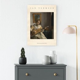 Obraz klasyczny Jan Vermeer "Młoda dziewczyna grająca na gitarze" - reprodukcja z napisem. Plakat z passe partout