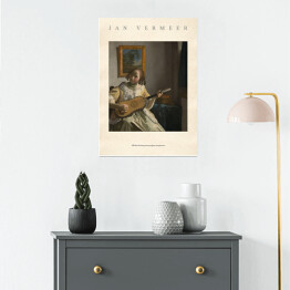 Plakat Jan Vermeer "Młoda dziewczyna grająca na gitarze" - reprodukcja z napisem. Plakat z passe partout