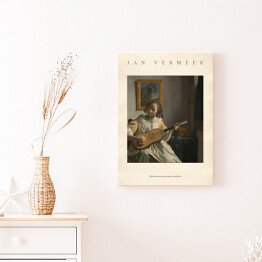 Obraz klasyczny Jan Vermeer "Młoda dziewczyna grająca na gitarze" - reprodukcja z napisem. Plakat z passe partout